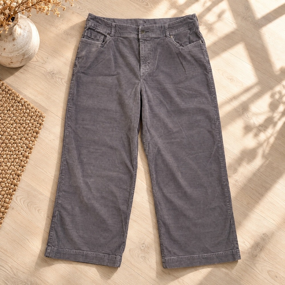 Toad&Co Corduroy Pants Women 14 Gray Wide Leg Crop Organic Cotton Coastal Fall
